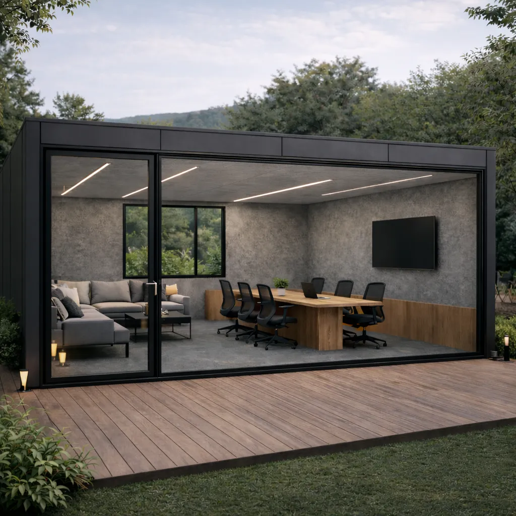 Cabina Arquo de madera natural en una oficina con luz cálida